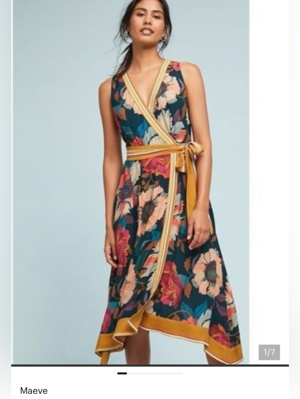 Anthropologie Floral Wrap Midi Dress in Teal, Mustard, Pink